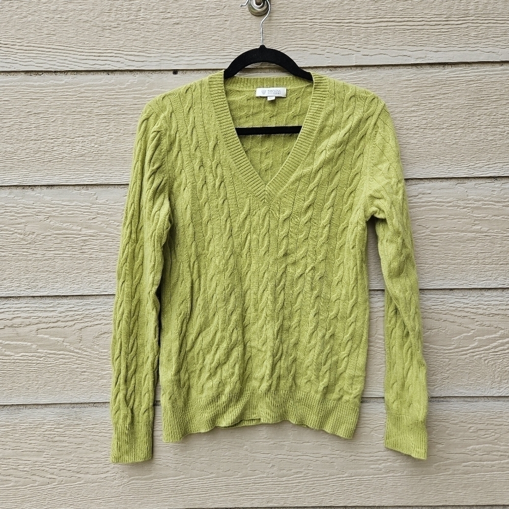Kinross Cashmere spring green cable knit v-neck sweater large tiny flaw